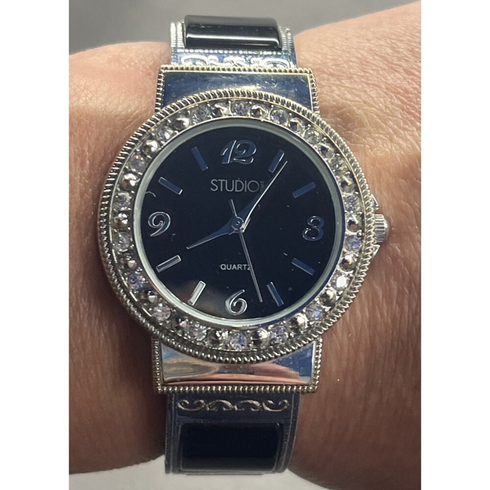Studio 1 Women’s Rhinestone Bezel Black Dial Cuff Watch AS IS Needs Battery - Picture 8 of 8